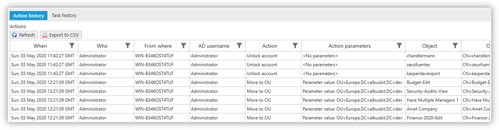 AD Admin 2 action history